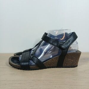 Teva Sandals Women 9.5 Black Leather Wedge Strappy Hook Loop Comfort